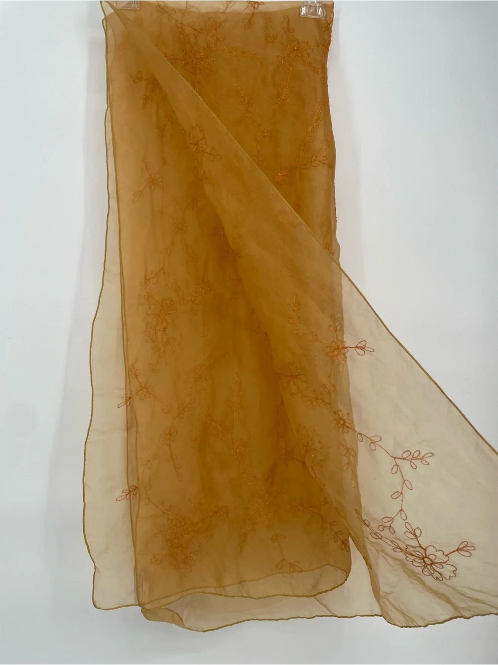 Laila Rowe 100% Silk Golden Orange Large Sheer Organza Embroidered Scarf / Wrap